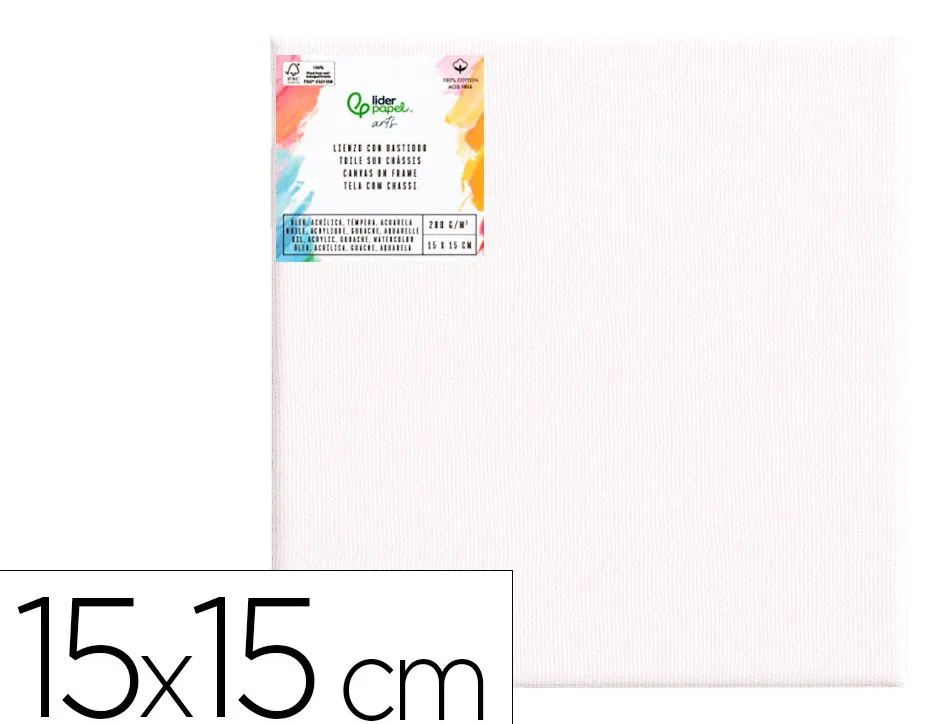 Toile sur chassis liderpapel 1f agrafee au dos 100% coton bords en bois 15x15 cm 280g/m2 certifie