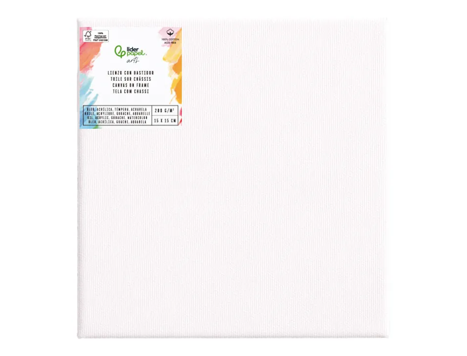 Toile sur chassis liderpapel 1f agrafee au dos 100% coton bords en bois 15x15 cm 280g/m2 certifie