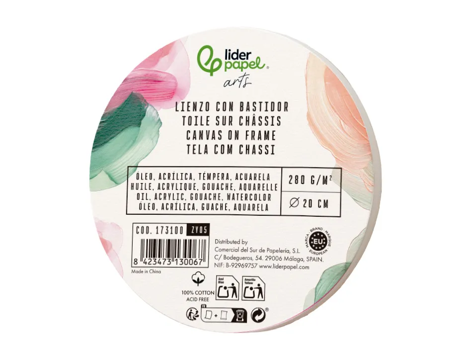 Toile sur chassis rond liderpapel agrafee au dos 100% coton bords en bois 20 cm 280g/m2