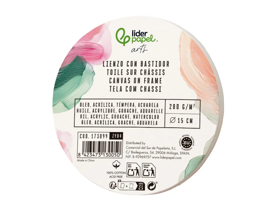 Toile sur chassis rond liderpapel agrafee au dos 100% coton bords en bois 15 cm 280g/m2