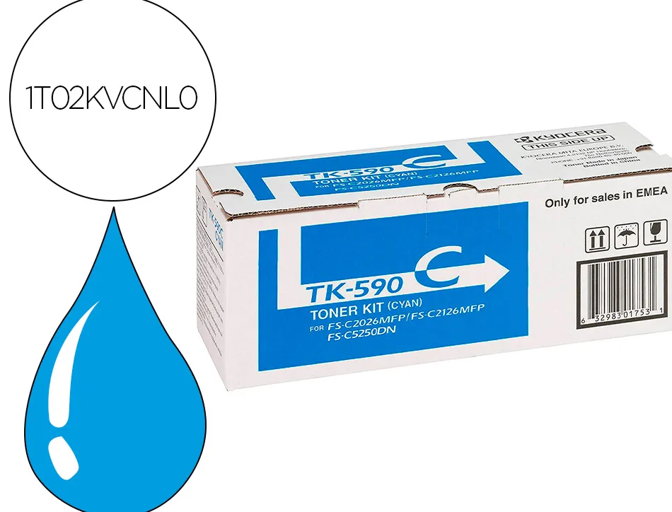 Toner laser kyocera 1t02kvcnl0 tk590c pour fsc2016/2026/2126/5250/p2026cdn couleur cyan 5000p