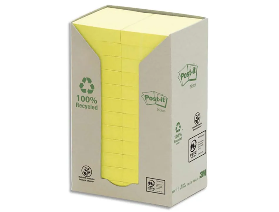 Tour de notes post-it recyclées 38 x 51 mm coloris jaune 24 blocs