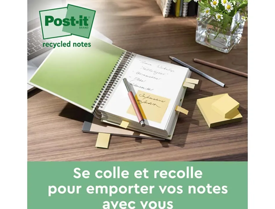 Tour de notes post-it recyclées 38 x 51 mm coloris jaune 24 blocs