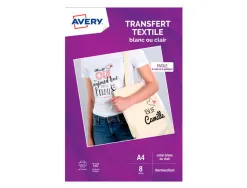 Transfert textile avery a4 jet d encre paquet de 8 coloris blanc ou clair