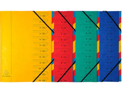 Trieur exacompta carte lustrée 355g a4+ 245x322mm dos agrafé 12 compartiments couverture imprimée 4 coloris assortis