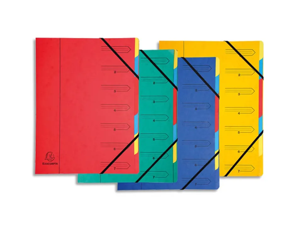 Trieur exacompta carte lustrée 355g a4+ 245x322mm dos agrafé 7 compartiments couverture imprimée 4 coloris assortis