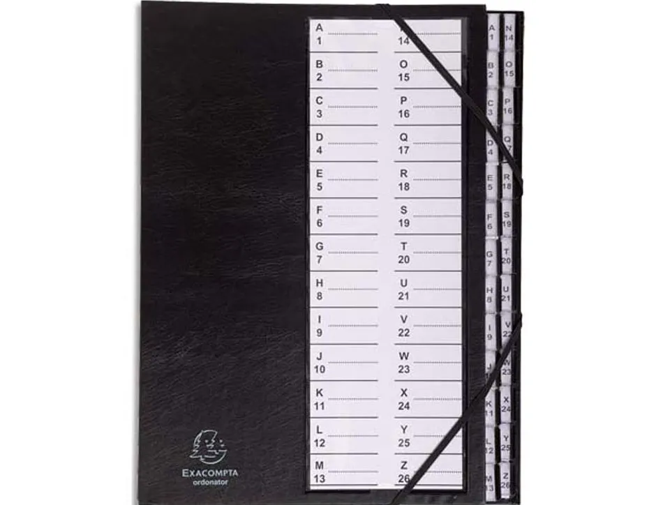 Trieur exacompta ordonator carton recouvert pvc 25x33cm alphanumérique 26 compartiments 850f dos extensible coloris noir