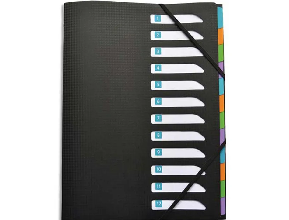 Trieur oxford memphis polypropylène a4+ 12 compartiments 3 rabats élastique indexation fiche amovible coloris noir