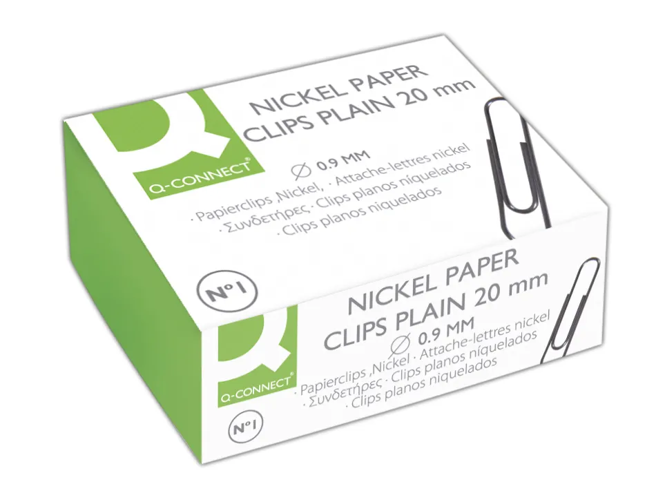 Trombone q-connect nickelé bout rond 20mm boîte carton 100 unités