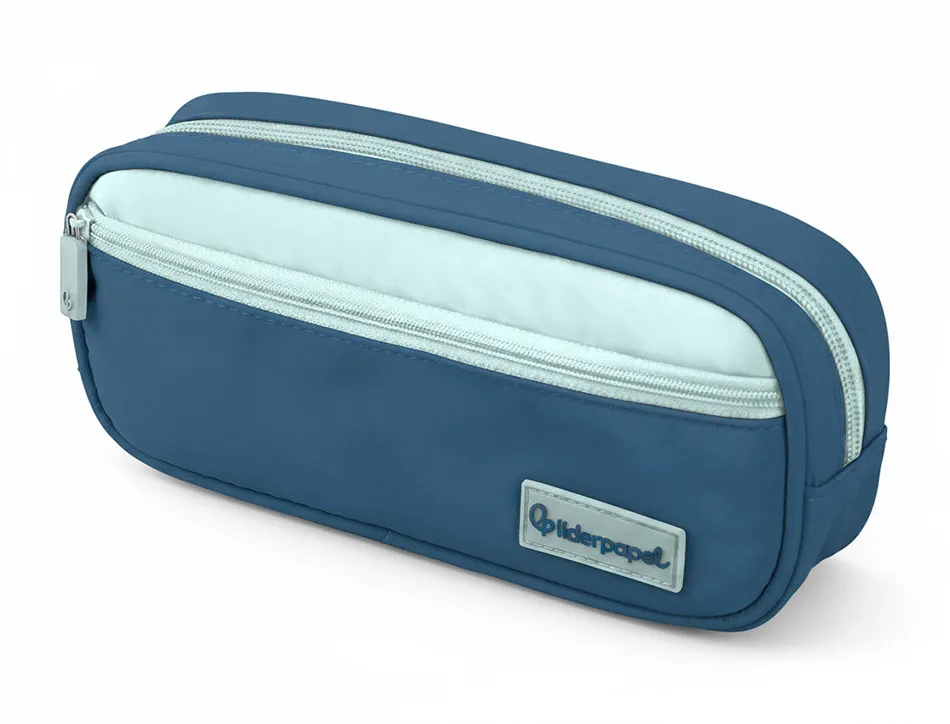 Trousse liderpapel duo 2 fermetures eclair avec poche a l'avant coloris bleu fonce 220x90x50mm