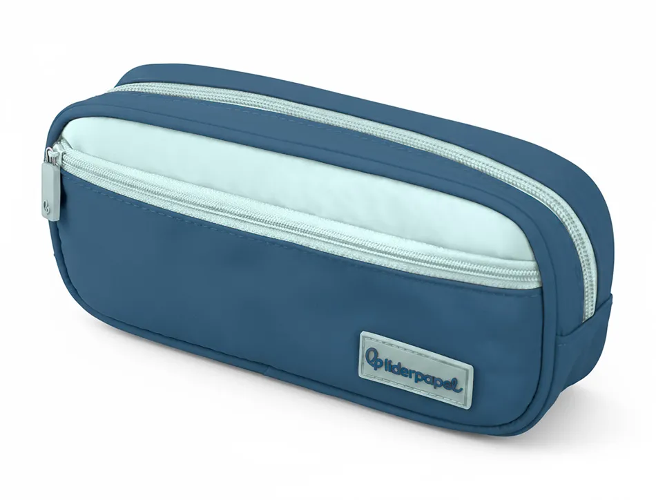 Trousse liderpapel duo 2 fermetures eclair avec poche a l'avant coloris bleu fonce 220x90x50mm