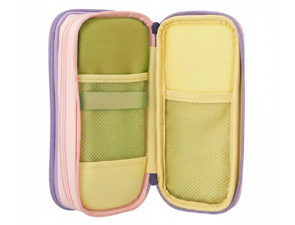Trousse liderpapel funky 3 fermetures eclair jaune rose et lilas 220x100x65mm