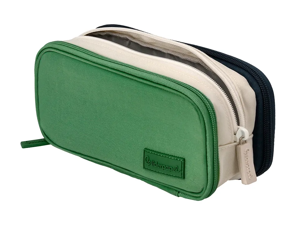 Trousse liderpapel funky 3 fermetures eclair verte blanche et bleue 220x100x65mm