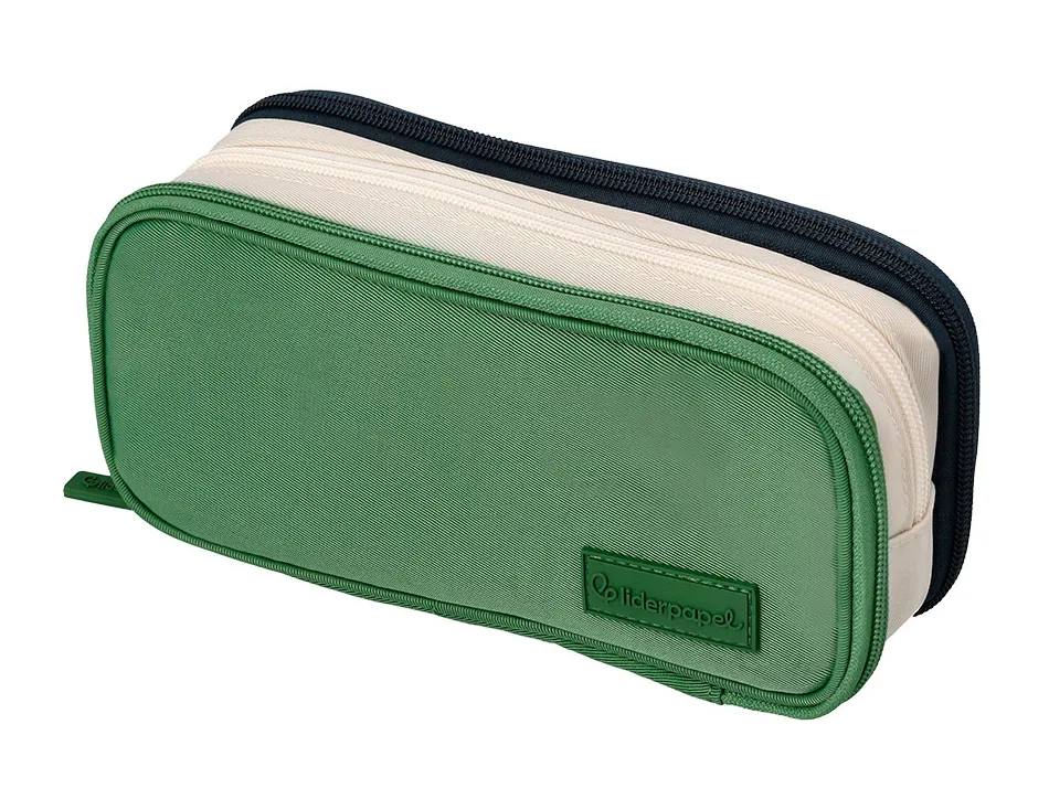 Trousse liderpapel funky 3 fermetures eclair verte blanche et bleue 220x100x65mm
