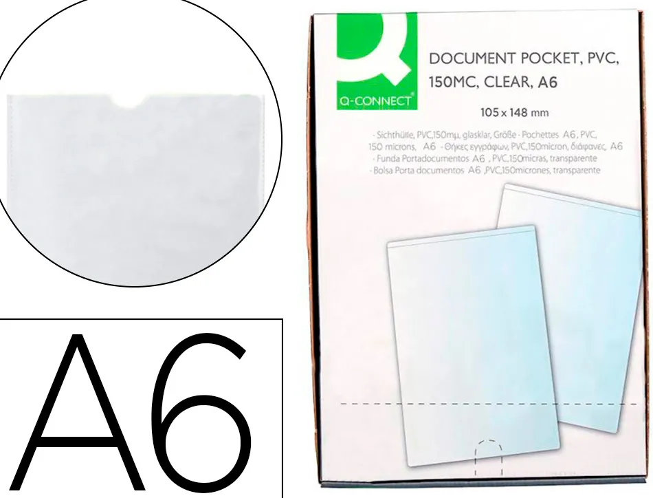 Étui protection q-connect pvc transparent 15/100e a6 105x148mm contour soudé en u