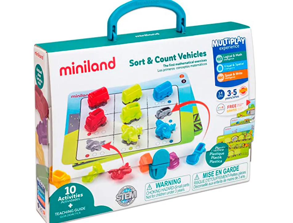 Voitures plastique miniland sort and count vehicles 10 activites plusieurs niveaux 36 pieces